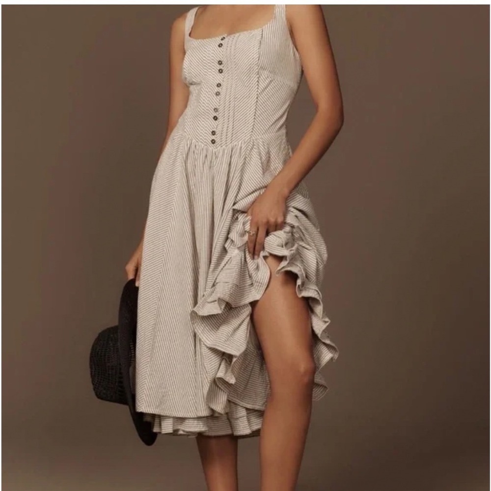 Anthropologie Women's Striped Midi Dress Smocked Back Size 00 Cowgirl Prairie